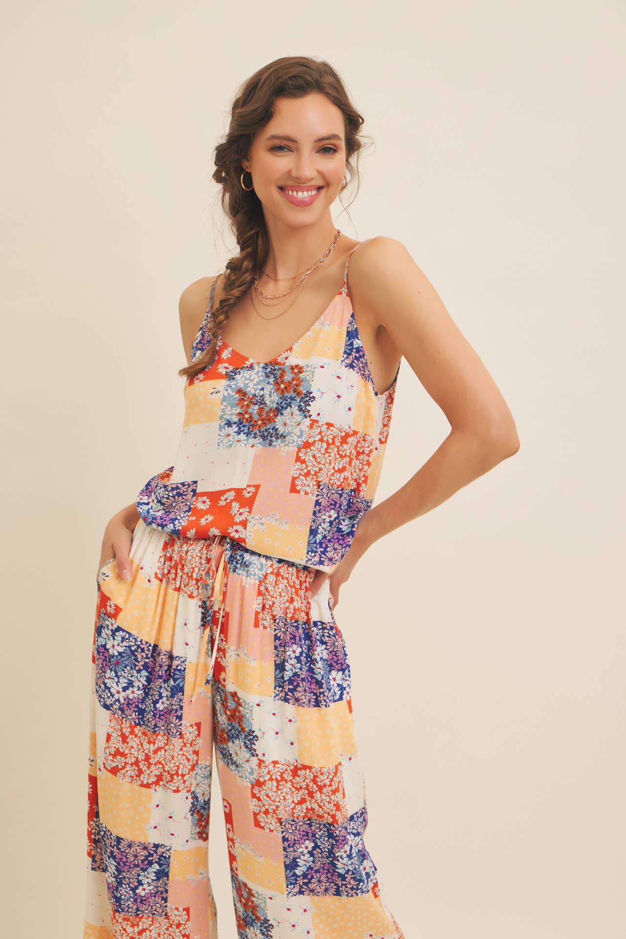 SOFT RAYON GAUZE FLORAL PATCHWORK V-NECK CAMI TOP