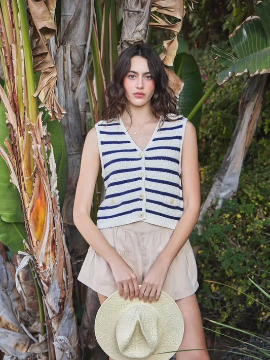 BUTTON DOWN STRIPED V-NECK SWEATER VEST