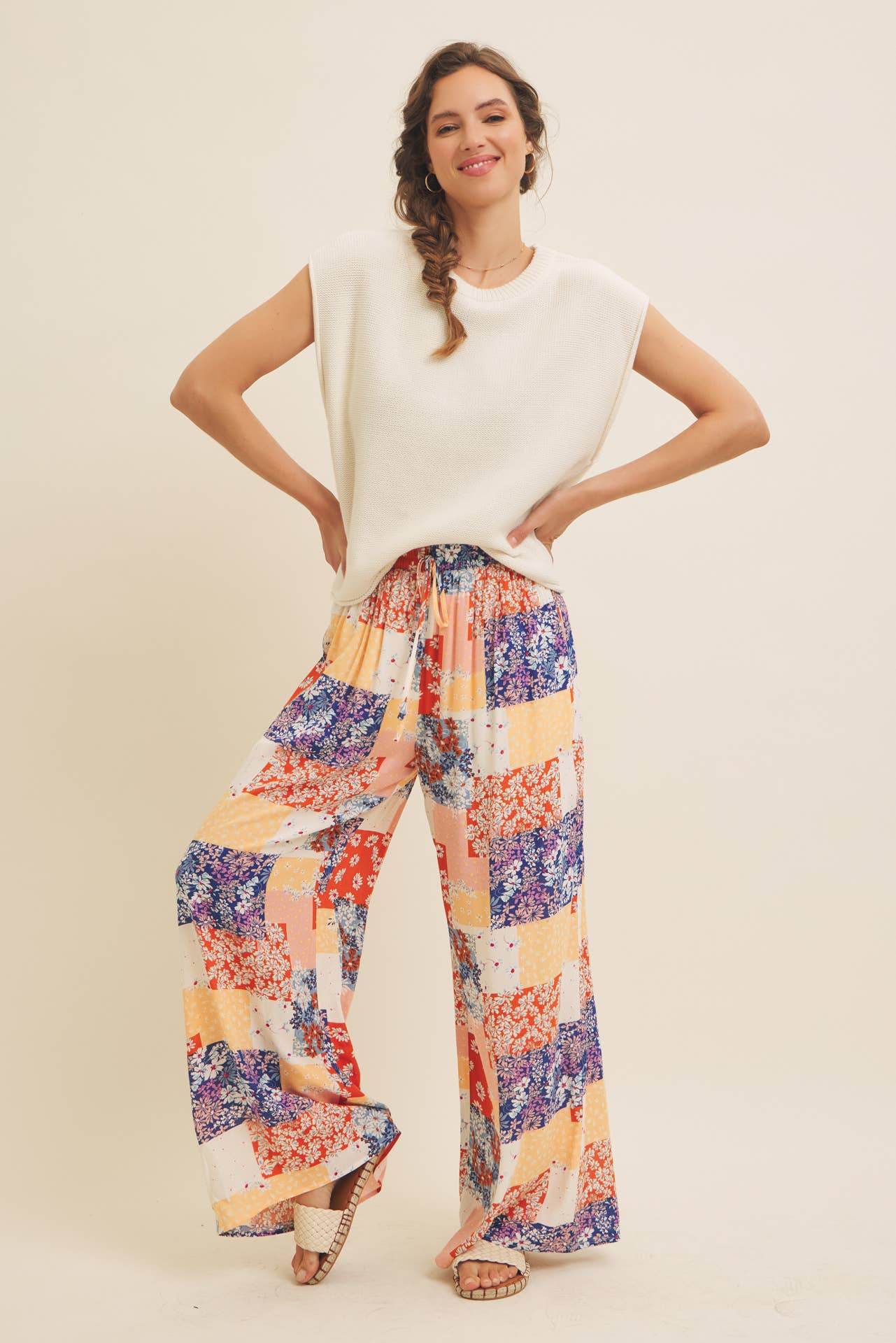 SOFT RAYON GAUZE FLORAL PATCHWORK WIDE LEG PANTS WITH POCKET