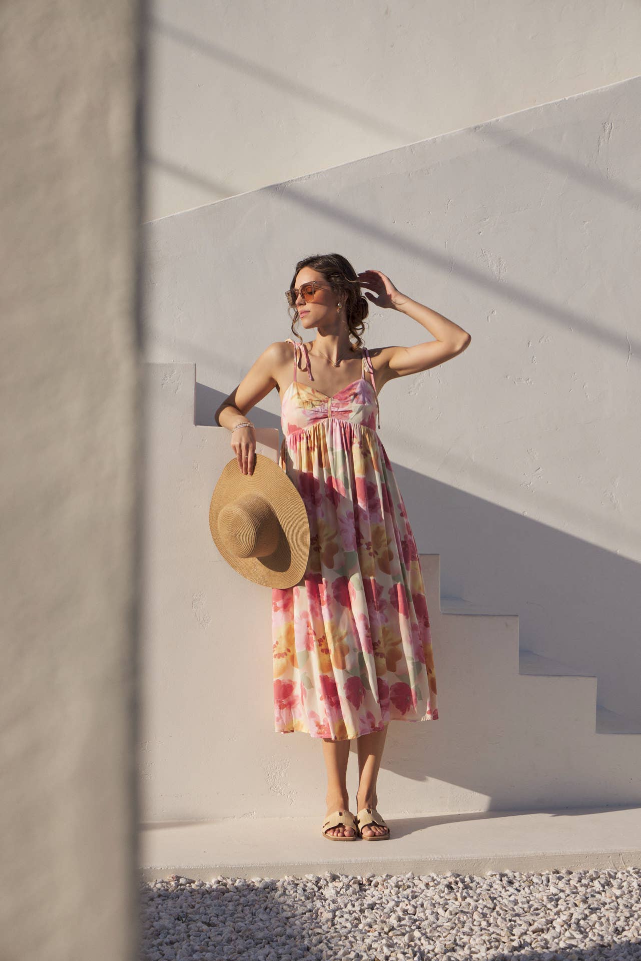 FLORAL PRINT RUCHED MIDI DRESS WITH SHOULDER TIE