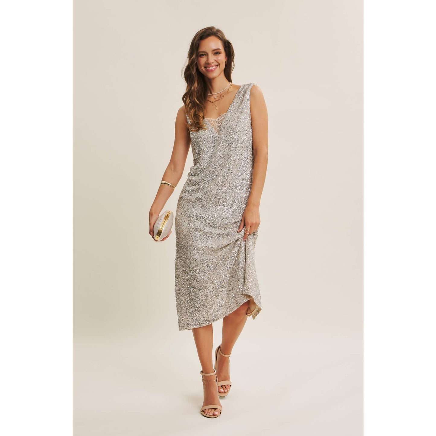 SHIMMERING CHAMPAGNE SEQUIN LACE-INSERT MIDI DRESS