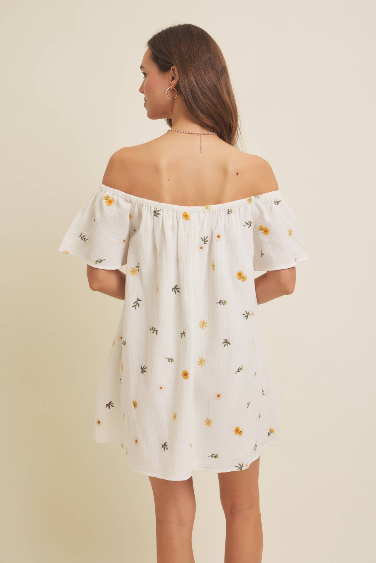 OFF-SHOULDER EMBROIDERY COTTON GAUZE MINI DRESS WITH POCKETS