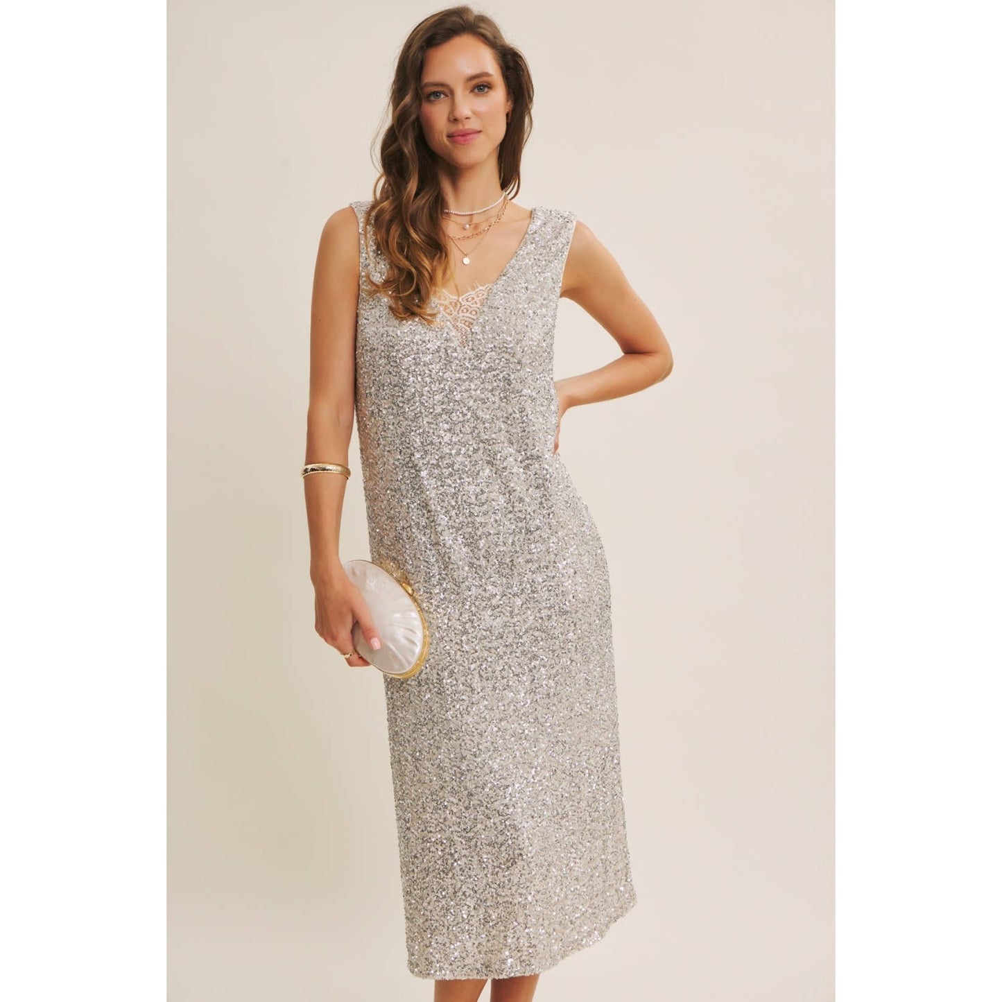 SHIMMERING CHAMPAGNE SEQUIN LACE-INSERT MIDI DRESS