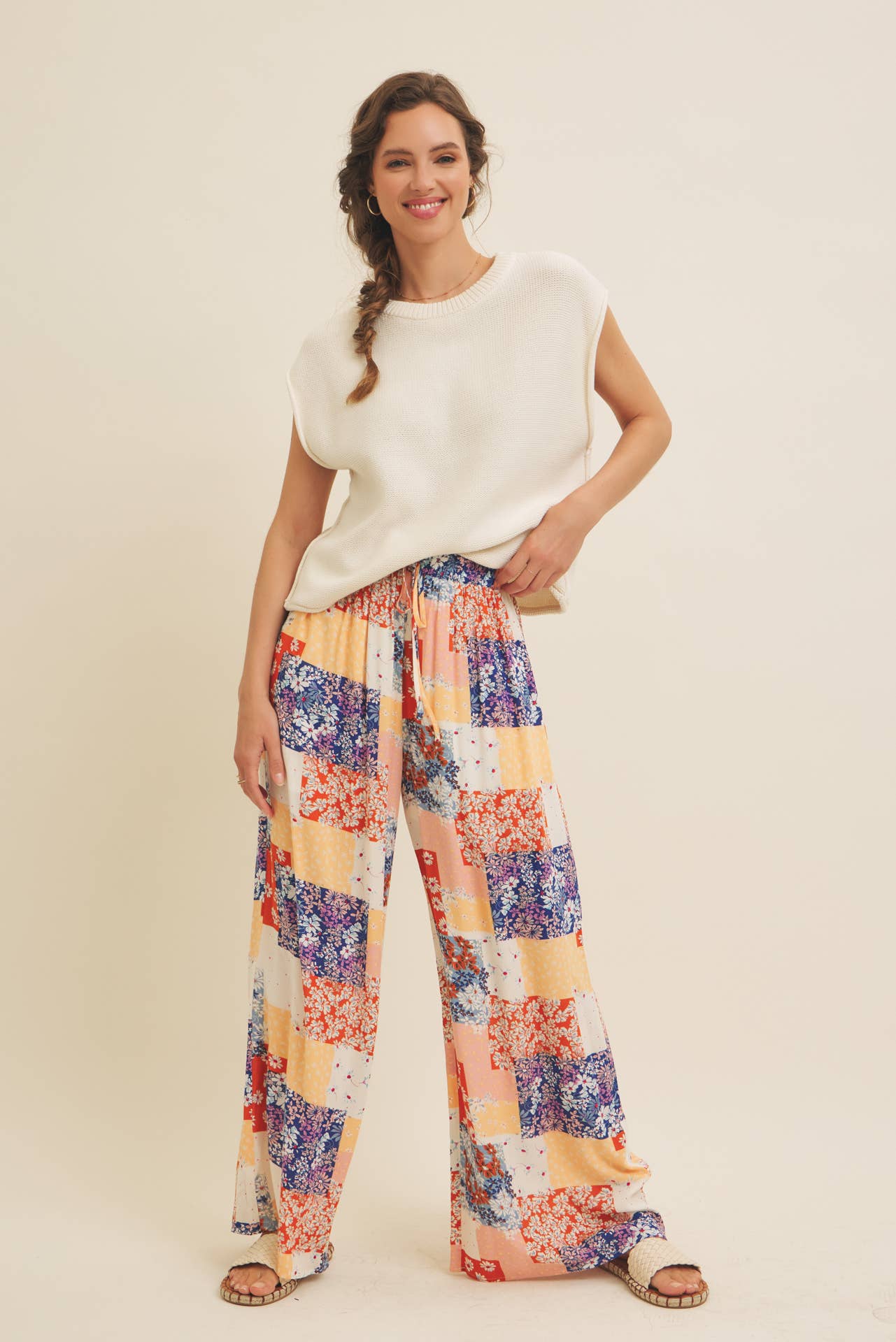 SOFT RAYON GAUZE FLORAL PATCHWORK WIDE LEG PANTS WITH POCKET