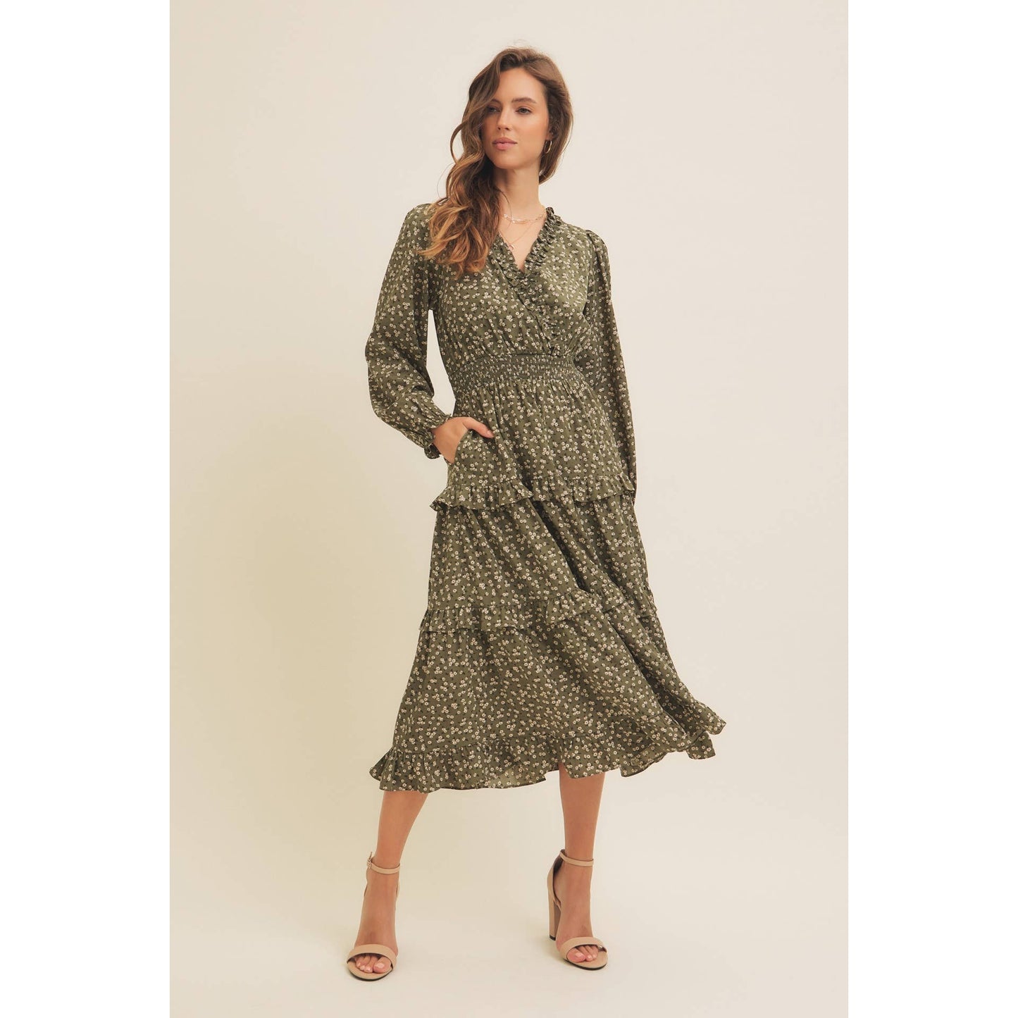 DITSY FLORAL RUFFLE SURPLICE MIDI DRESS WITH POCKETS
