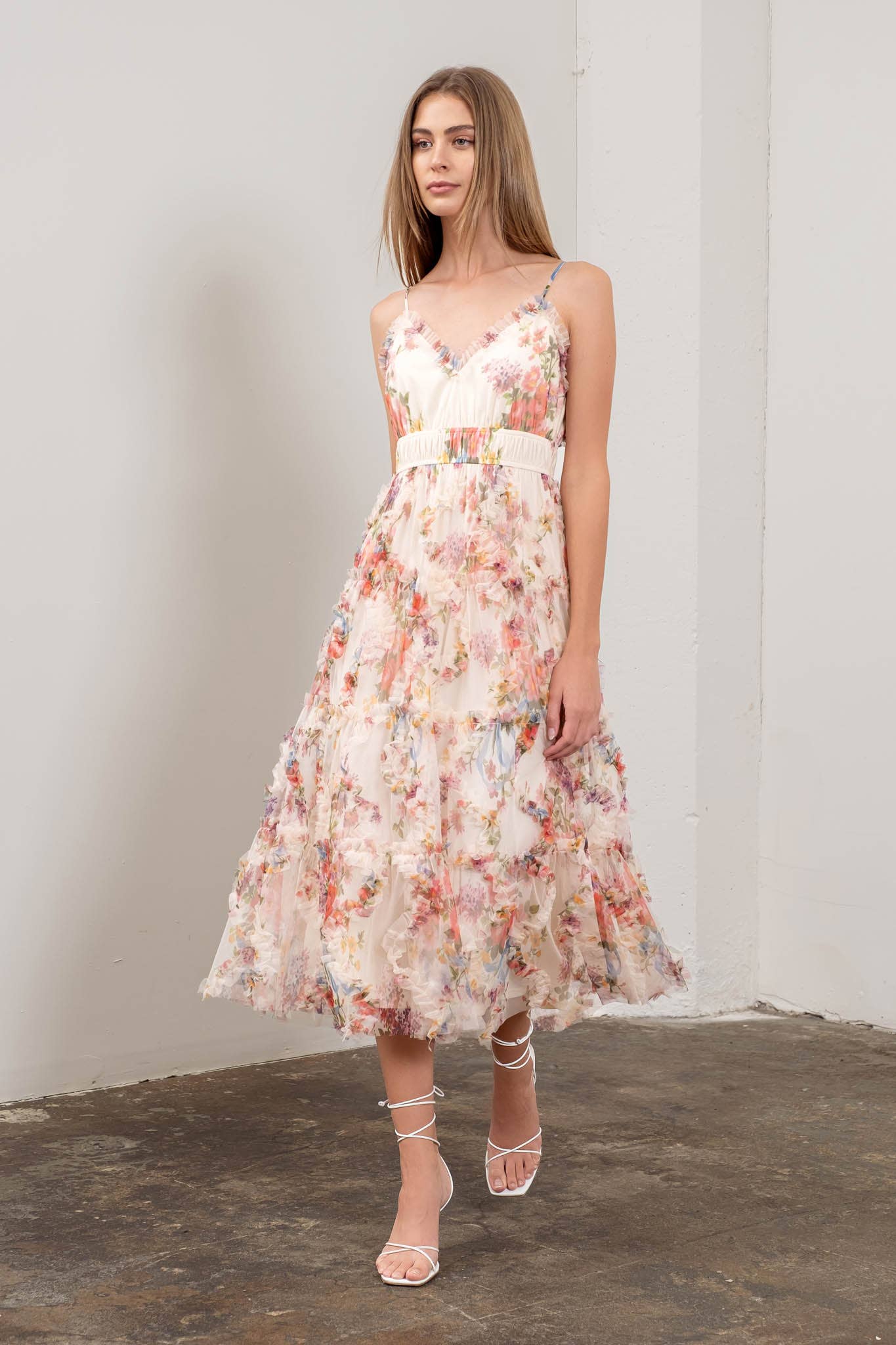 FLORAL PRINT RUFFLE DETAIL SLEEVELESS MAXI DRESS