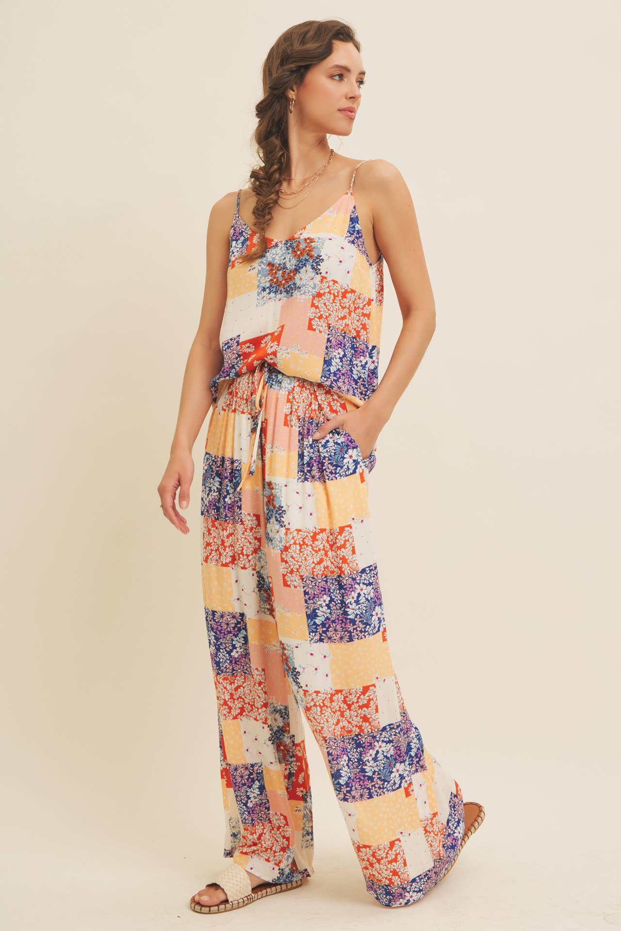 SOFT RAYON GAUZE FLORAL PATCHWORK WIDE LEG PANTS WITH POCKET