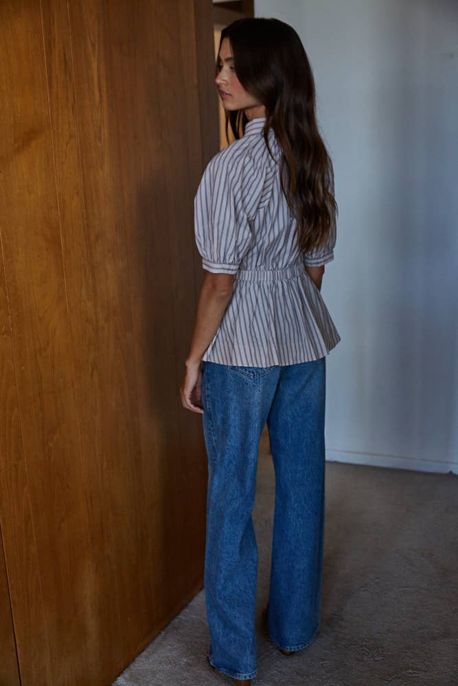 WOVEN COTTON STRIPED COLLARED CINCHED WAIST TOP