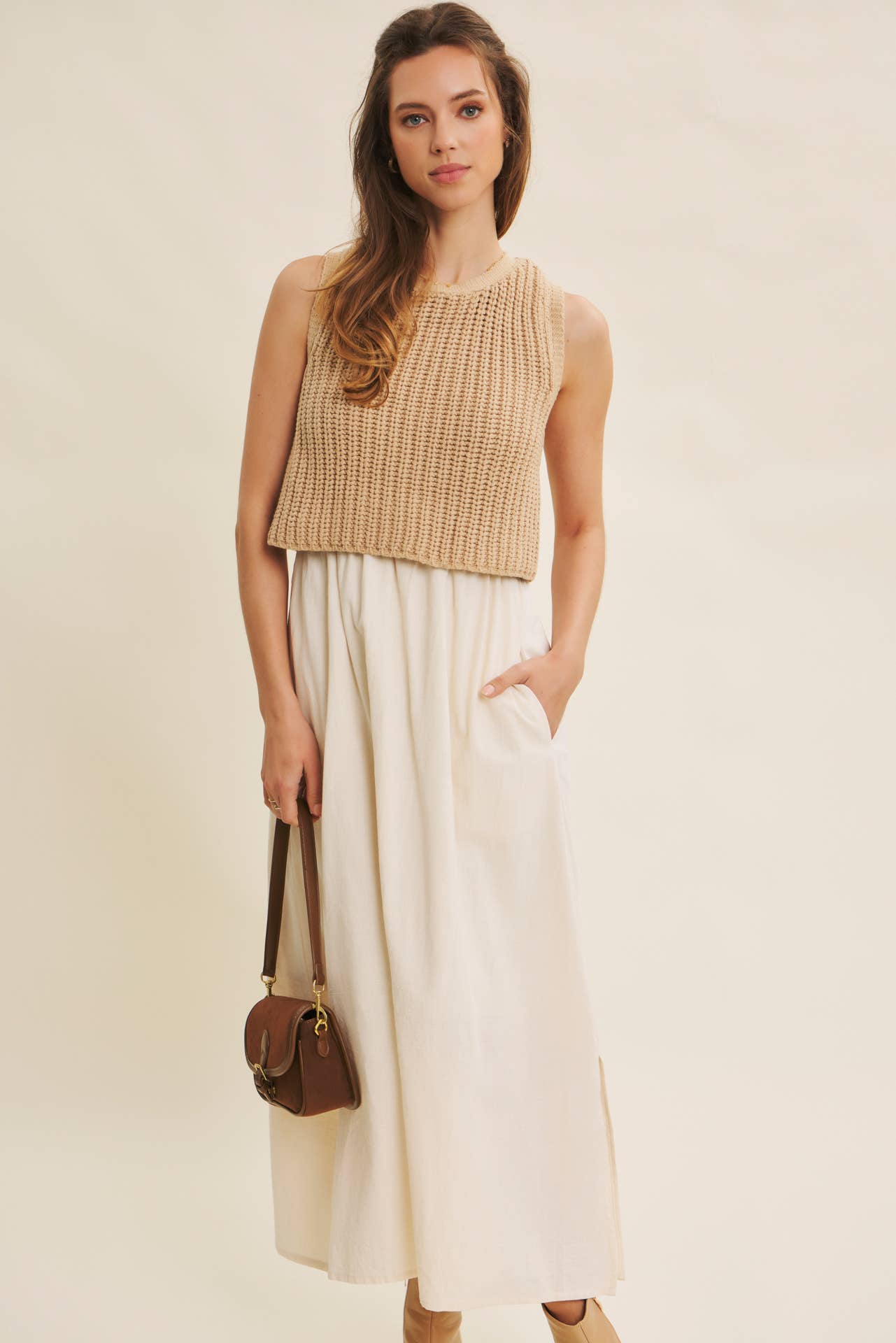 CHUNKY SWEATER TWOFER MIDI DRESS WITH POCKETS AND LINING