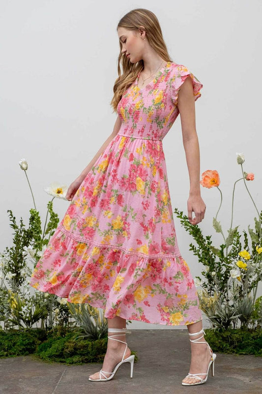 FLORAL SCOOP NECK SMOCKED MAXI DRESS