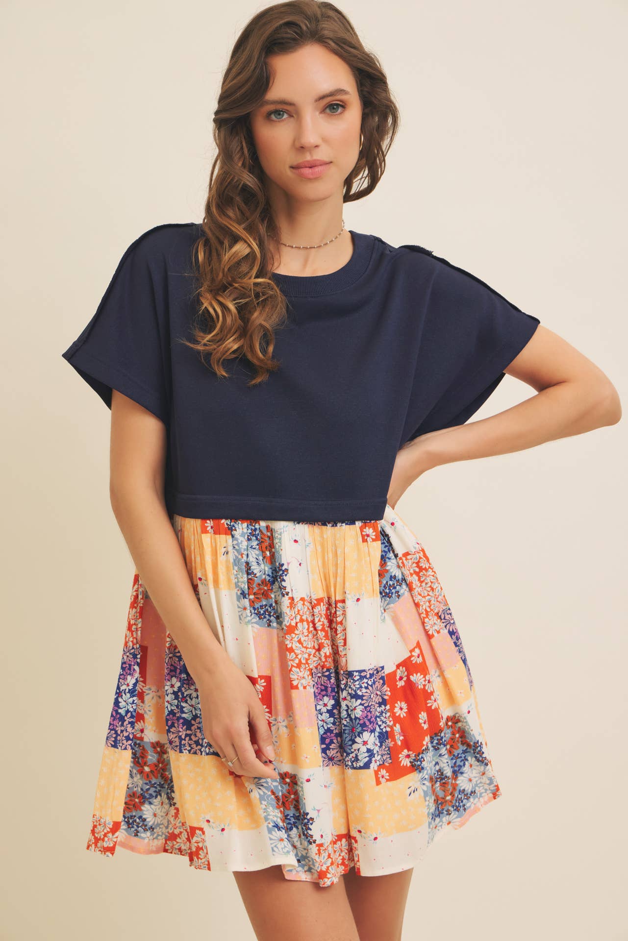 FLORAL PATCHWORK CONTRAST SWEATSHIRT DRESS