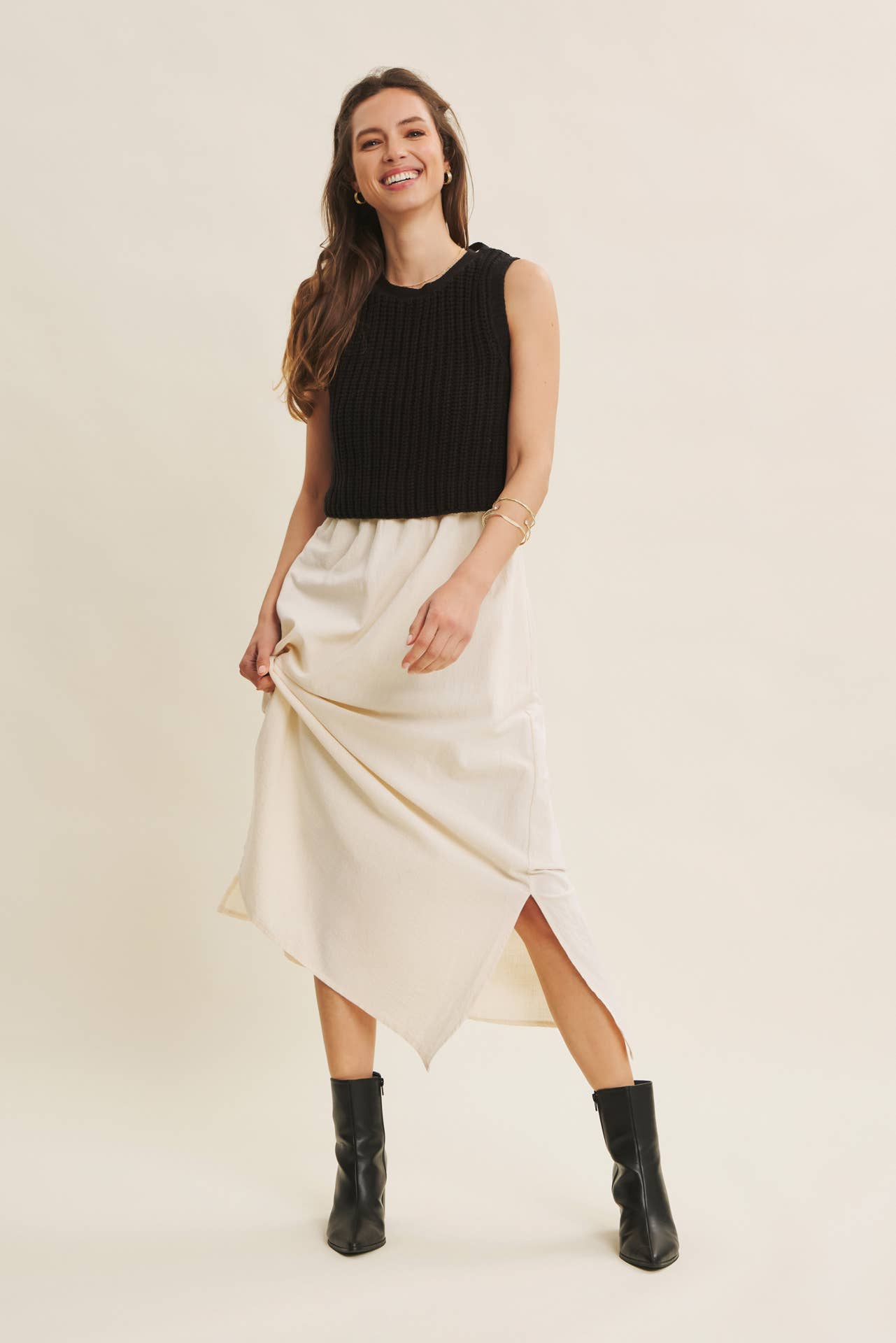 CHUNKY SWEATER TWOFER MIDI DRESS WITH POCKETS AND LINING