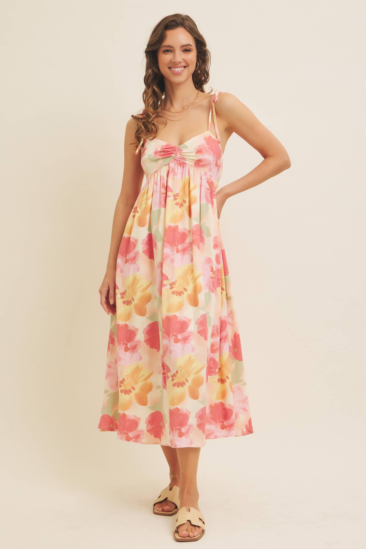FLORAL PRINT RUCHED MIDI DRESS WITH SHOULDER TIE