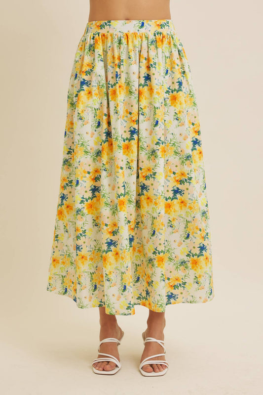 FLORAL MAXI SKIRT WITH POCKETS AND ELASTIC BAND