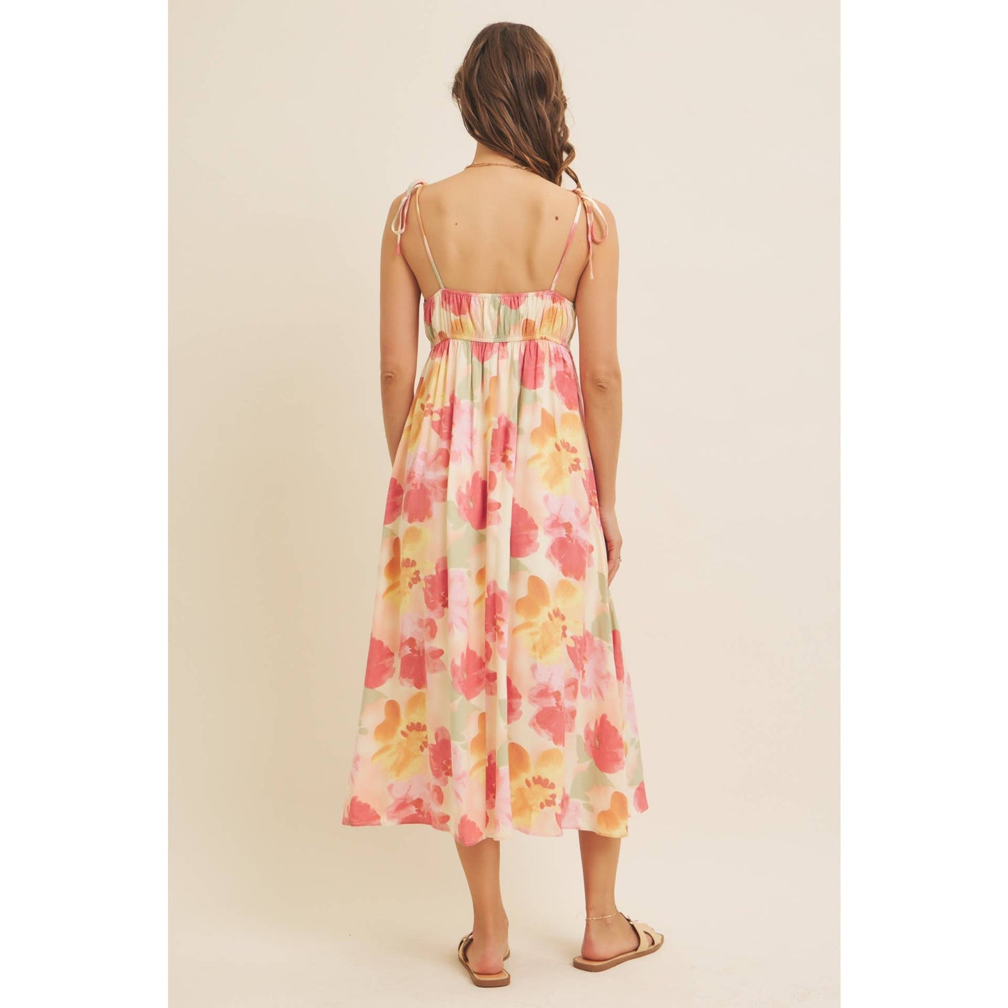 FLORAL PRINT RUCHED MIDI DRESS WITH SHOULDER TIE