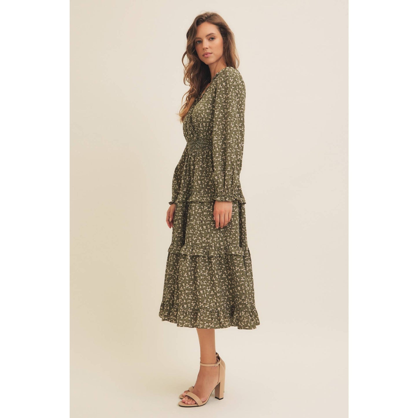 DITSY FLORAL RUFFLE SURPLICE MIDI DRESS WITH POCKETS