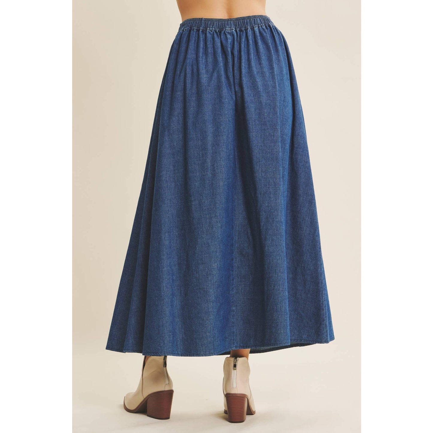 WASHED DENIM FLARE MIDI SKIRT WITH ELASTIC BAND