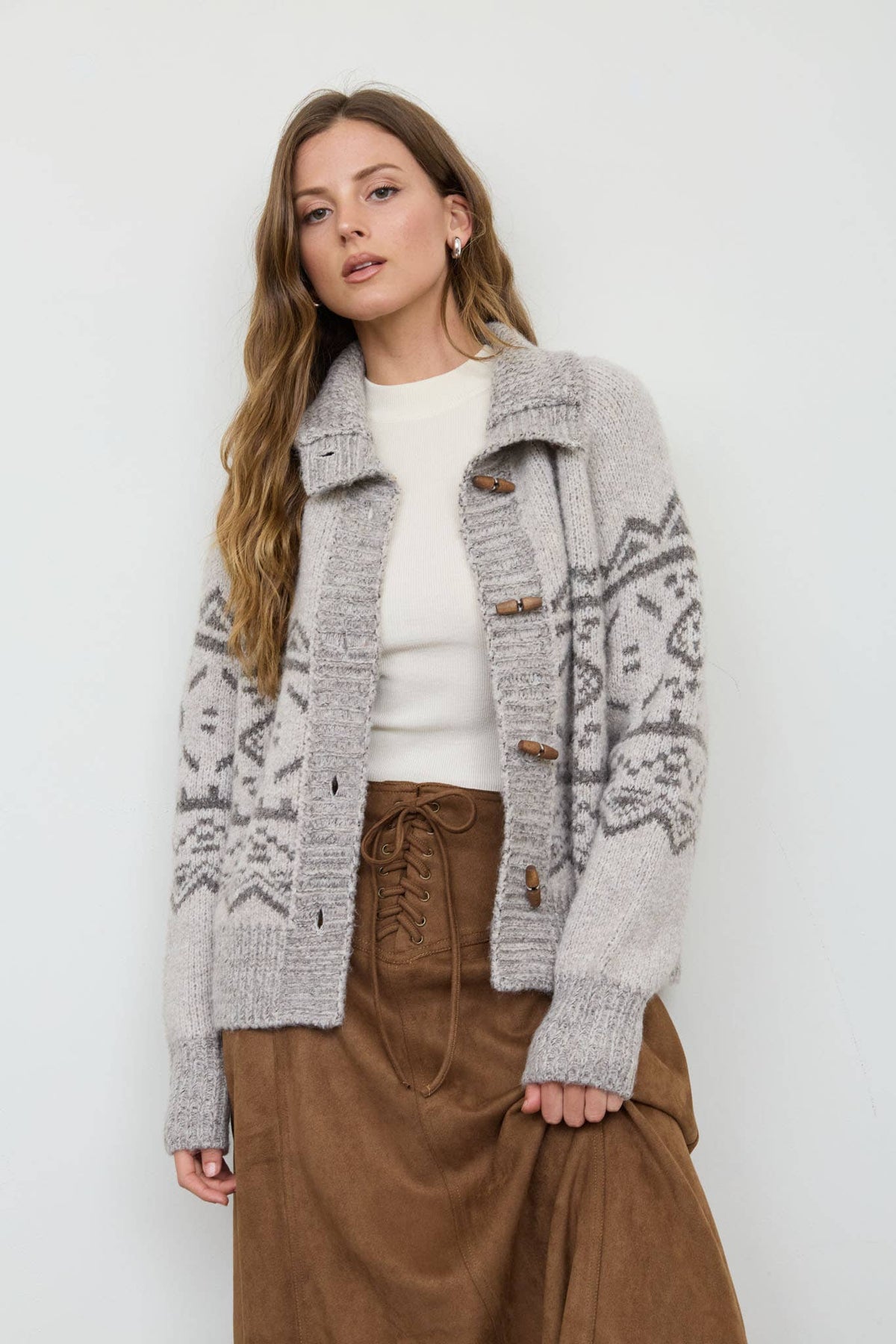 MOCK NECK TOGGLE BUTTON FAIR ISLE KNIT CARDIGAN