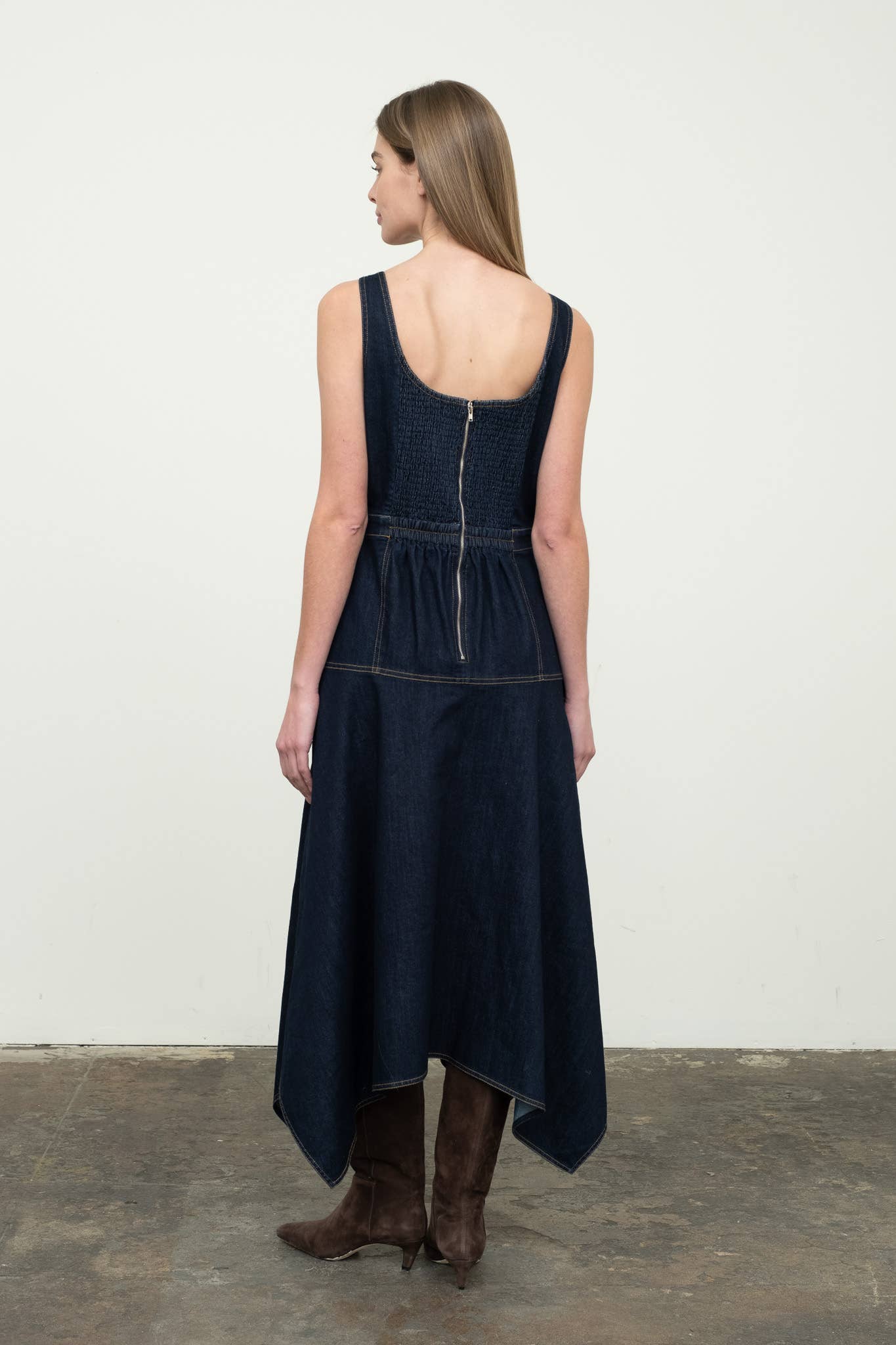 DENIM HANDKERCHIEF HEM MIDI DRESS