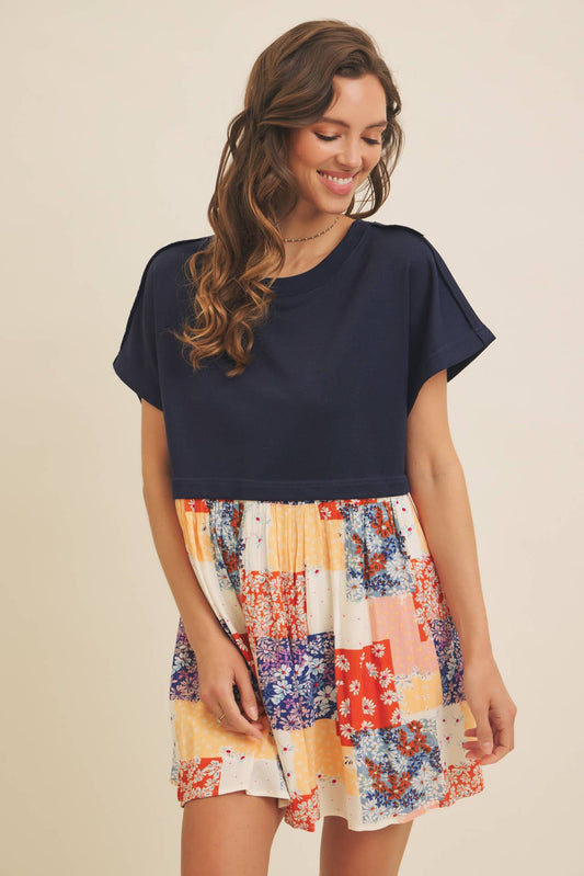 FLORAL PATCHWORK CONTRAST SWEATSHIRT DRESS - Arriving 05-11-25