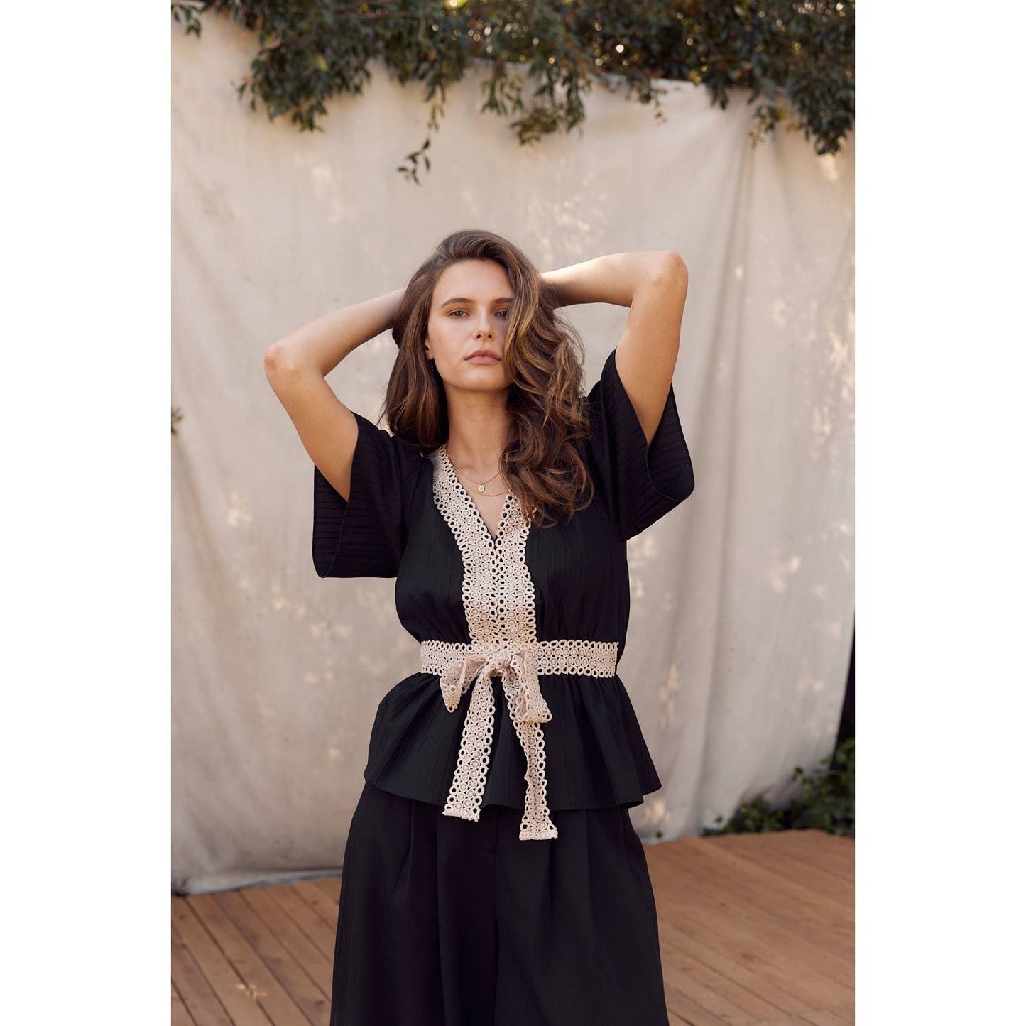 LACE CONTRAST TEXTURED WOVEN BLOUSE