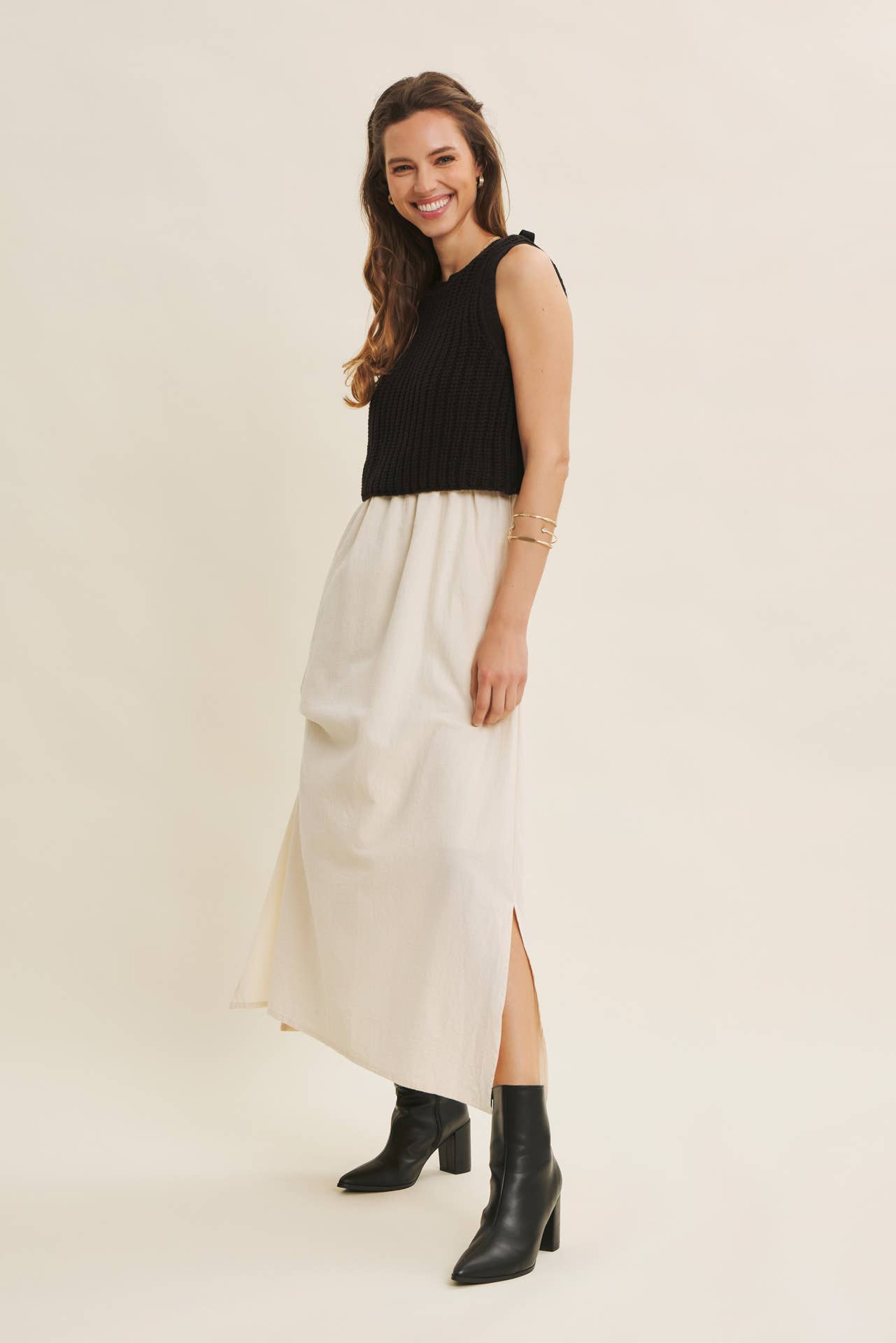 CHUNKY SWEATER TWOFER MIDI DRESS WITH POCKETS AND LINING