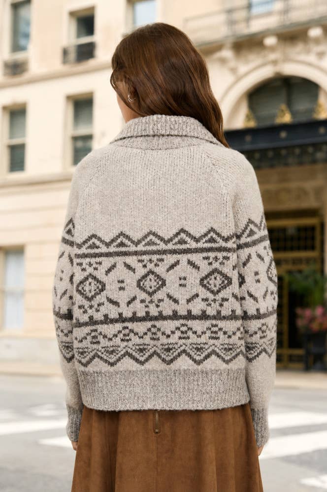 MOCK NECK TOGGLE BUTTON FAIR ISLE KNIT CARDIGAN