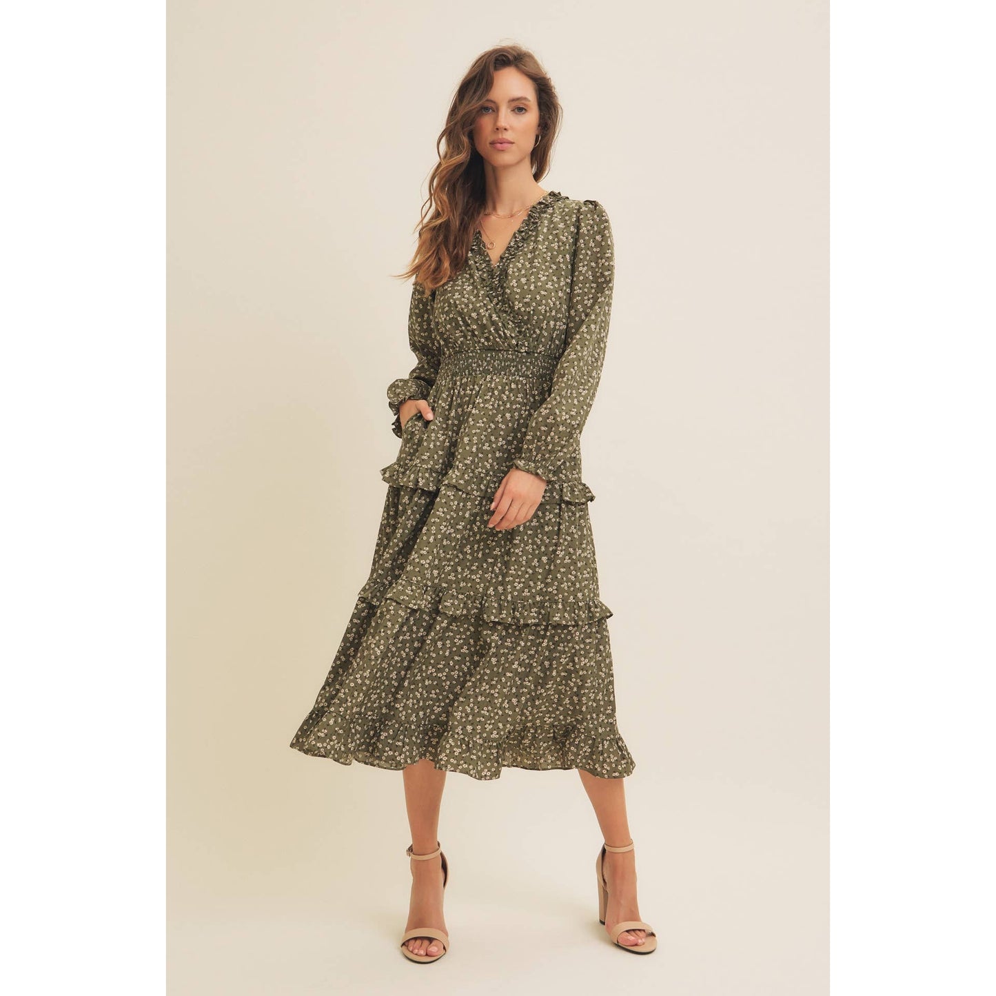 DITSY FLORAL RUFFLE SURPLICE MIDI DRESS WITH POCKETS