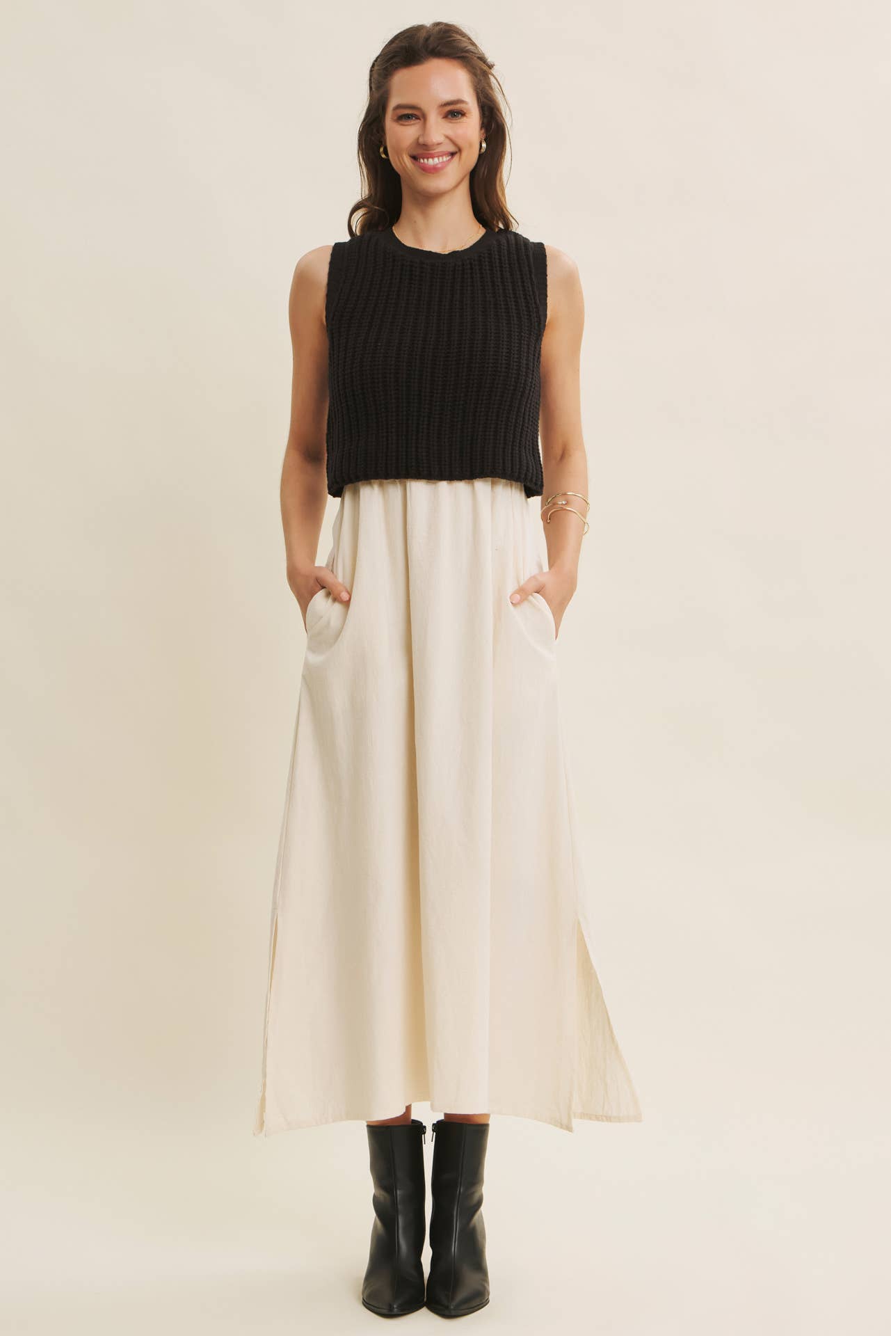 CHUNKY SWEATER TWOFER MIDI DRESS WITH POCKETS AND LINING