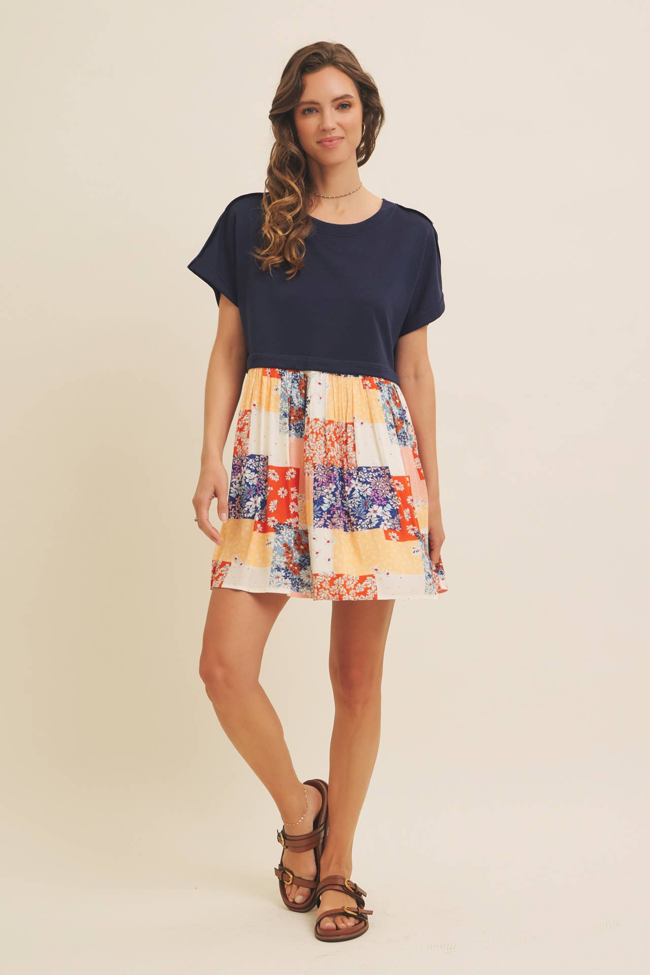 FLORAL PATCHWORK CONTRAST SWEATSHIRT DRESS