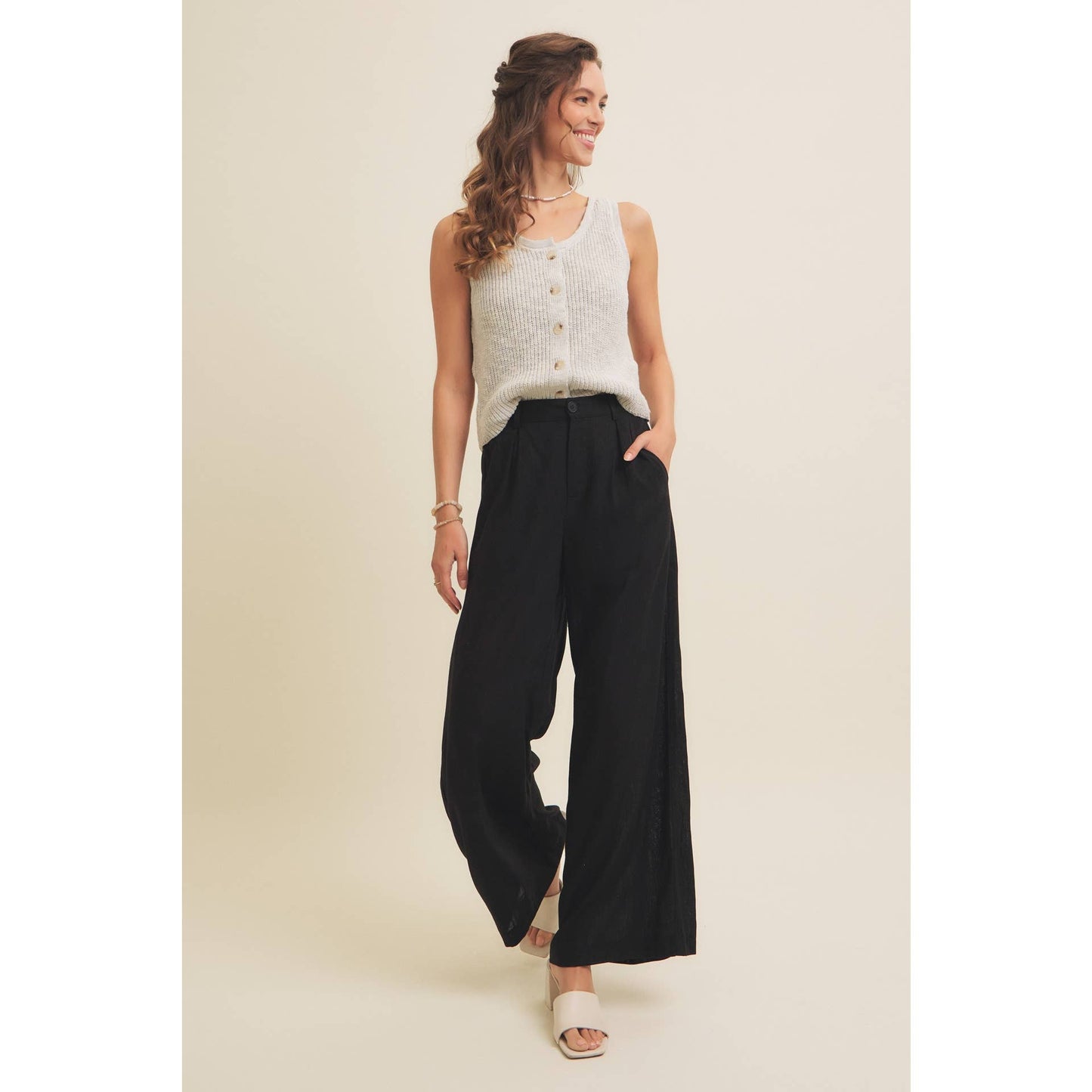 RIB SWEATER KNIT TANK TOP WITH BUTTON-DOWN FRONT