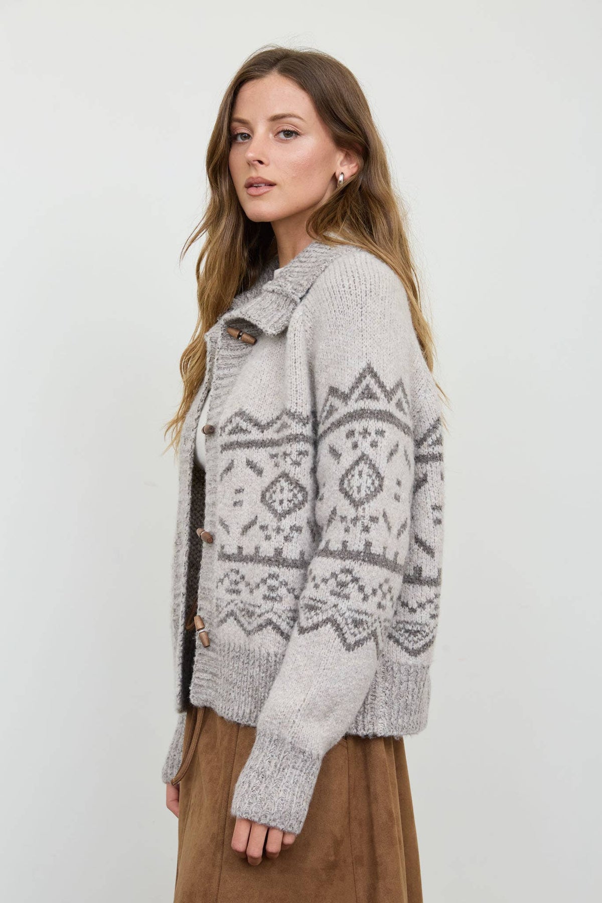 MOCK NECK TOGGLE BUTTON FAIR ISLE KNIT CARDIGAN