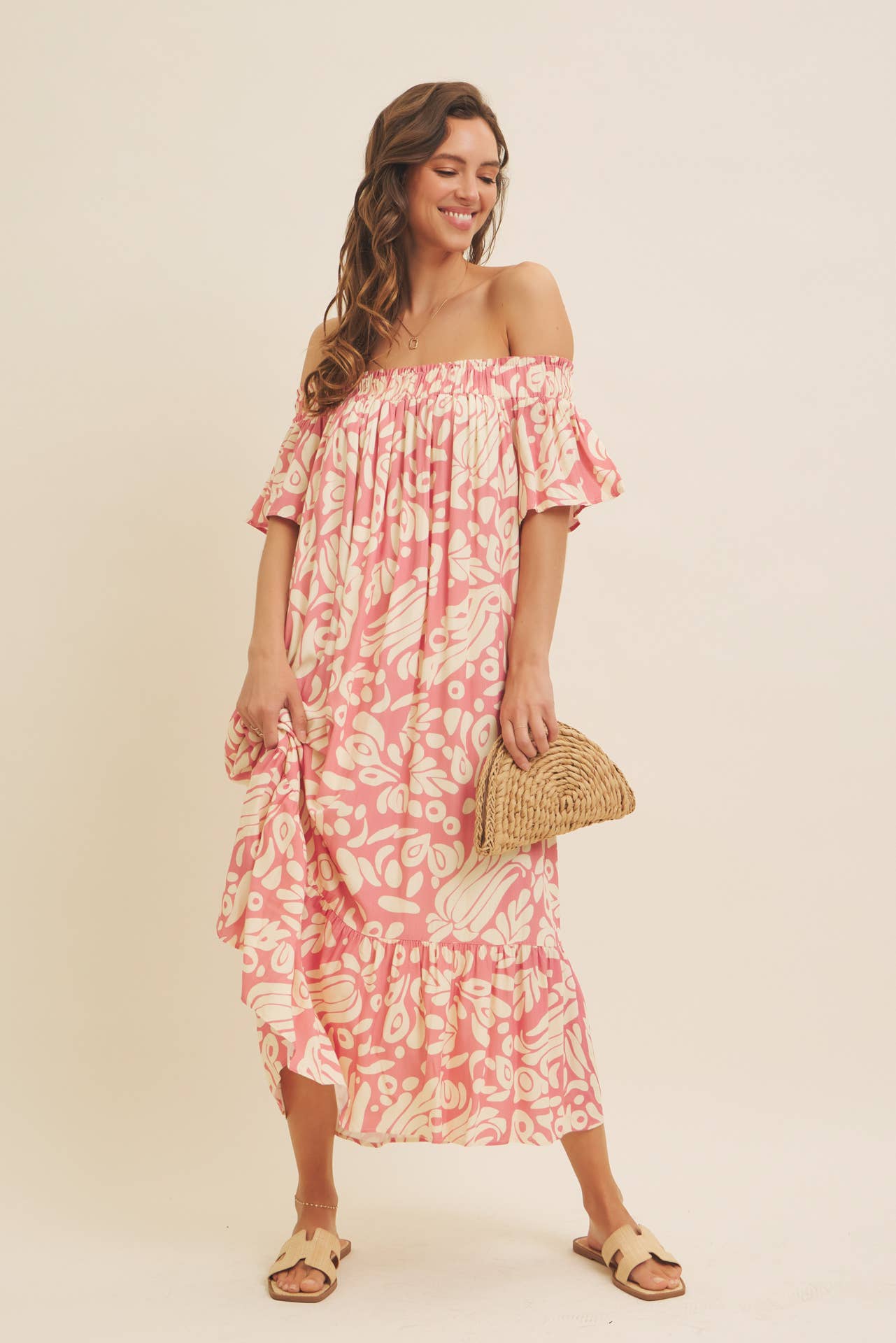 OFF THE SHOULDER FLARE PRINTED MIDI DRESS WITH POCKETS