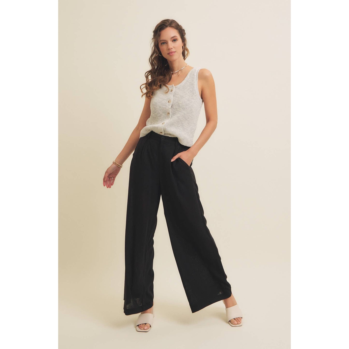 RIB SWEATER KNIT TANK TOP WITH BUTTON-DOWN FRONT