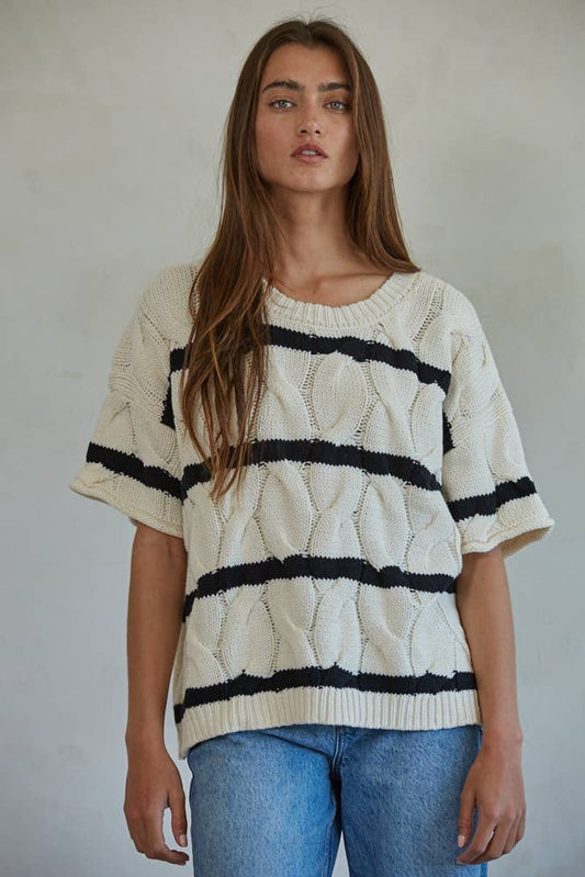 KNIT SWEATER CABLE STRIPED ROUND NECK