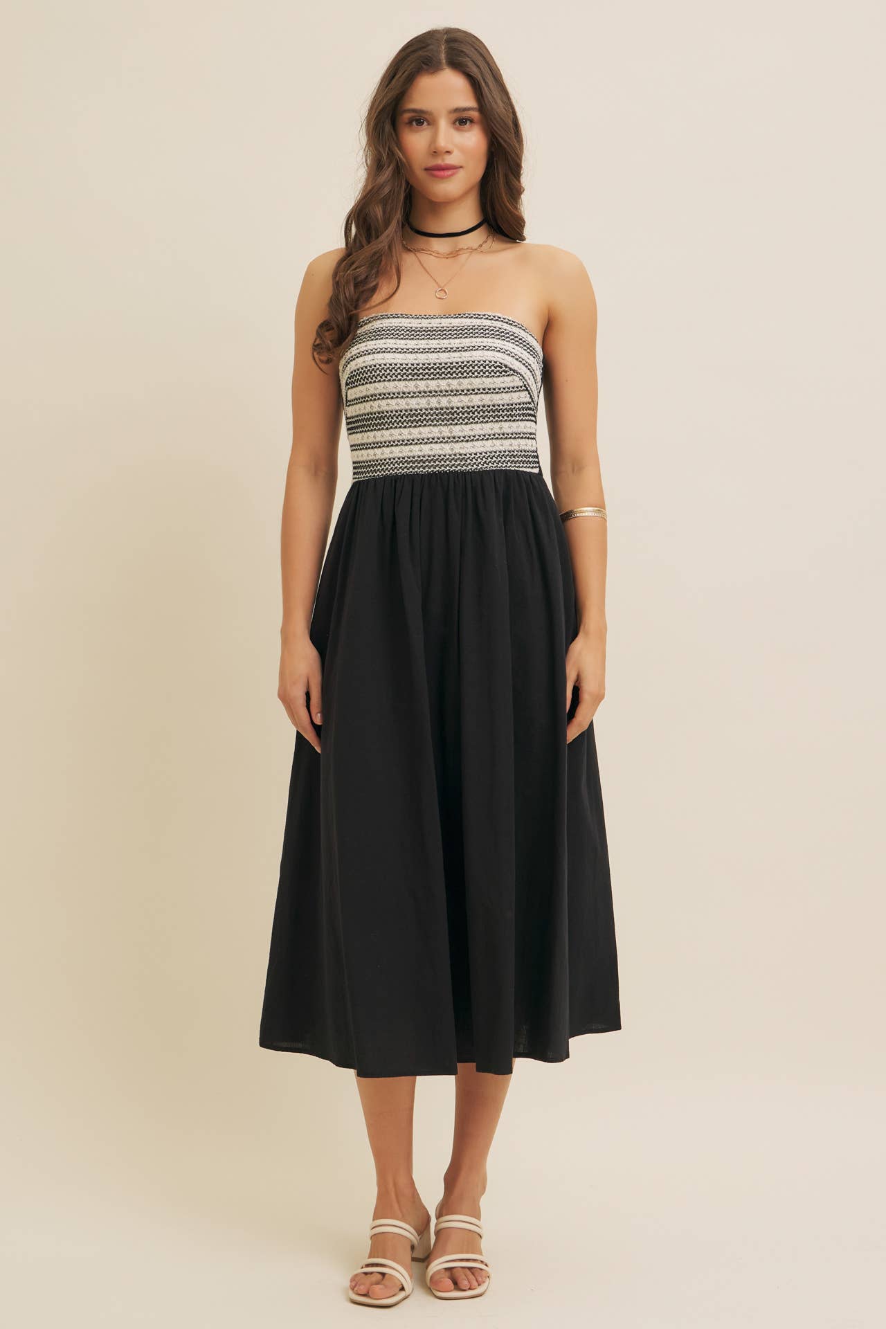 CROCHET CONTRAST TUBE TOP MIDI DRESS WITH POCKETS