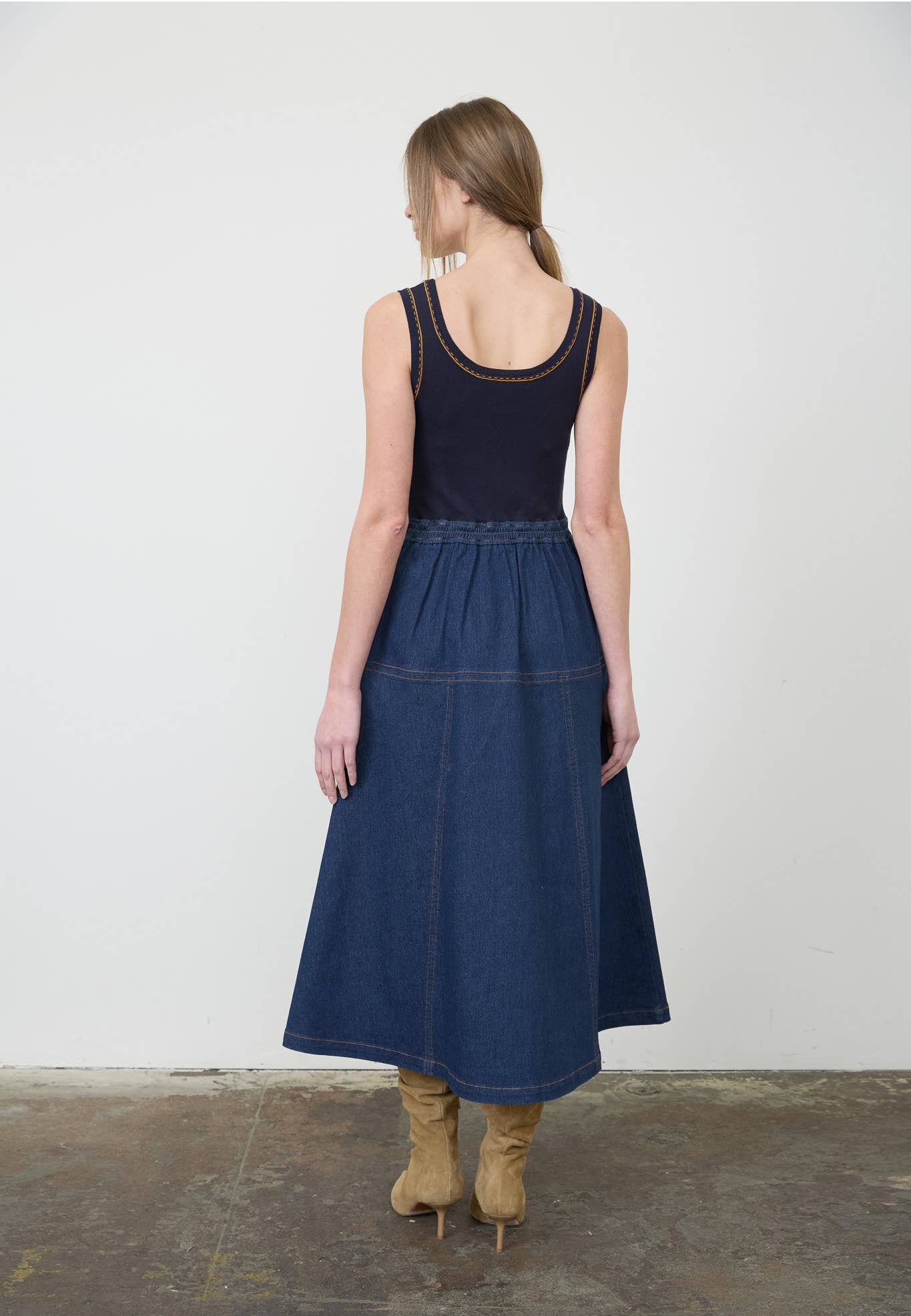 MIX MEDIA DENIM MIDI DRESS