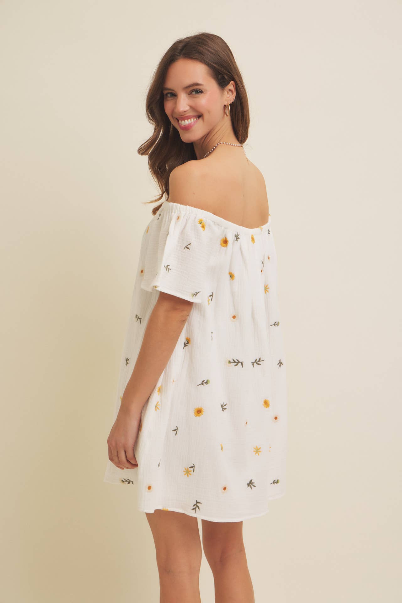 OFF-SHOULDER EMBROIDERY COTTON GAUZE MINI DRESS WITH POCKETS