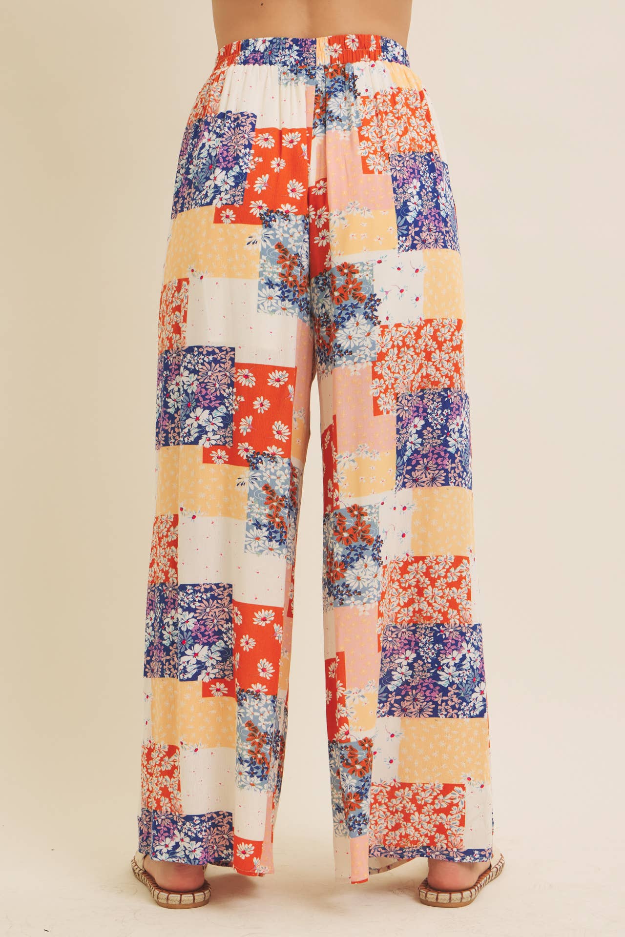 SOFT RAYON GAUZE FLORAL PATCHWORK WIDE LEG PANTS WITH POCKET