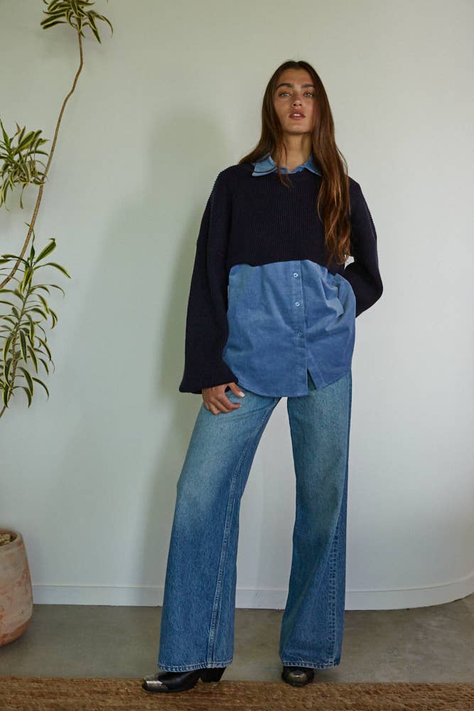 WOVEN COTTON CORDUROY COLLAR BUTTON DOWN SWEATER